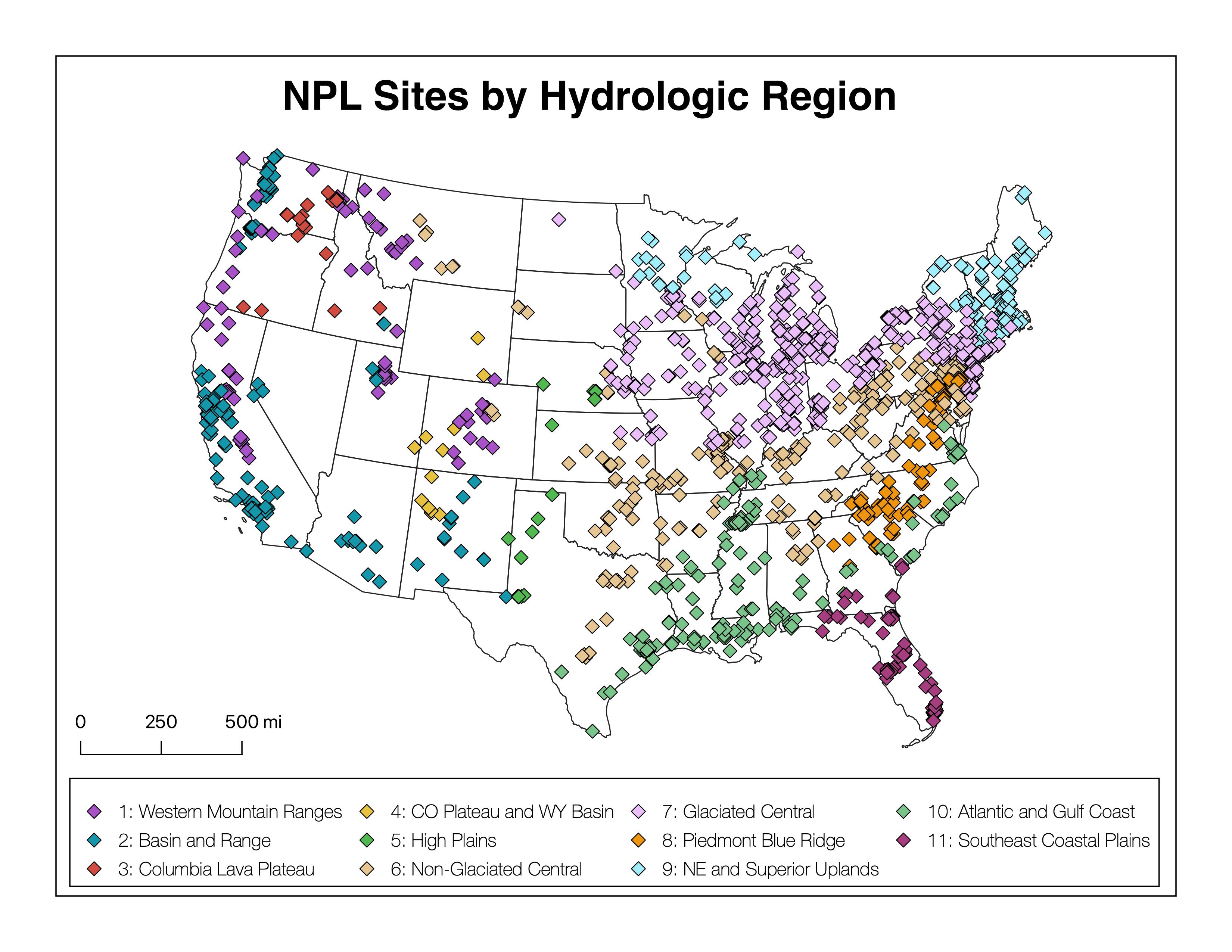 Map of National Priority List, otherwise known as Superfund, sites colored by hydrogeologic region.